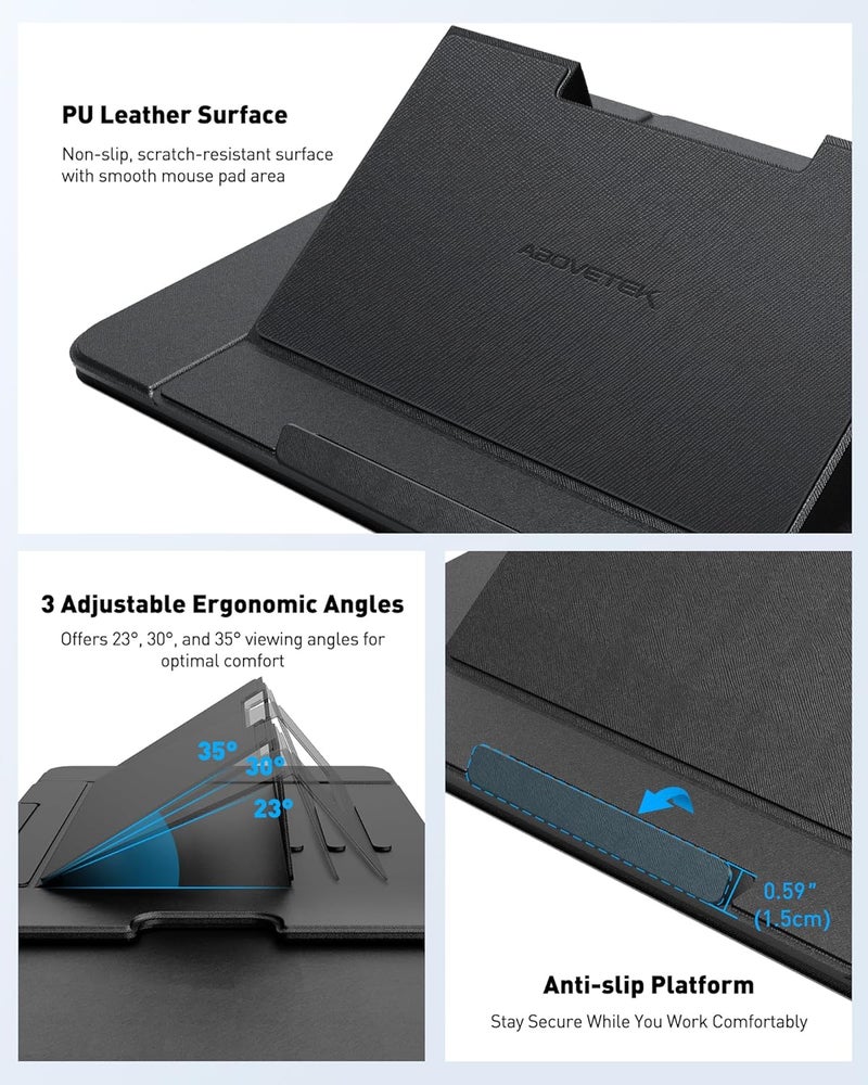 AboveTEK Adjustable Laptop Lap Desk, 3 Ergonomic Angles, PU Leather Non-Slip Surface, Heat Shield, Retractable Mouse Pad, Portable Laptop Lap pad Workstation for Bed, Sofa, Travel - Image 5